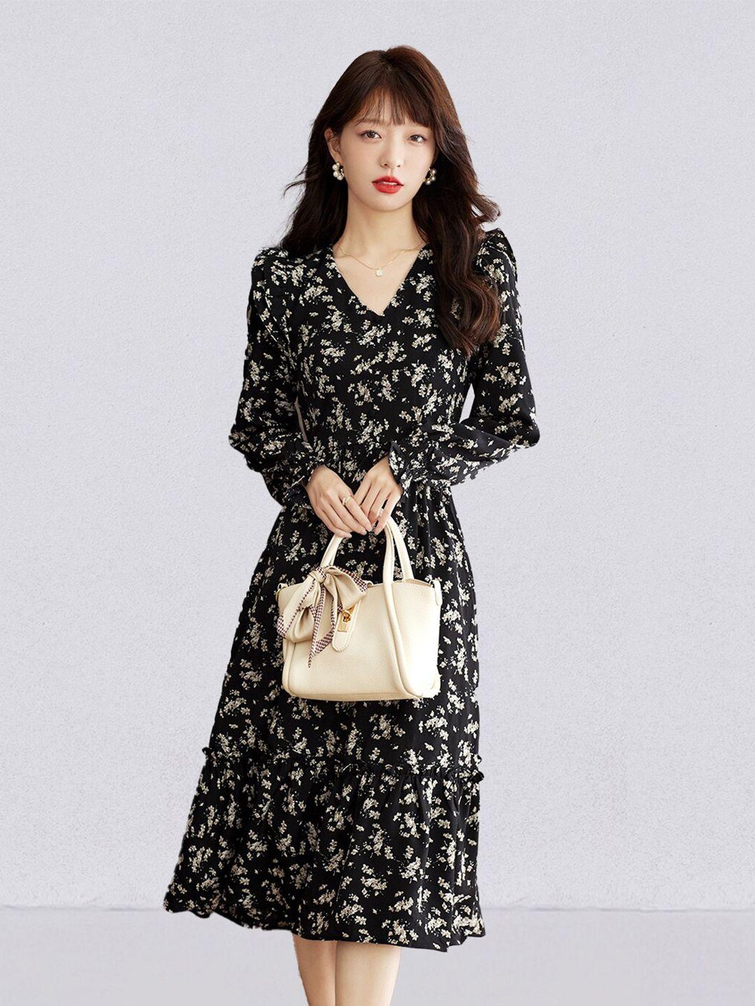 jc collection floral printed puff sleeve a-line midi dress