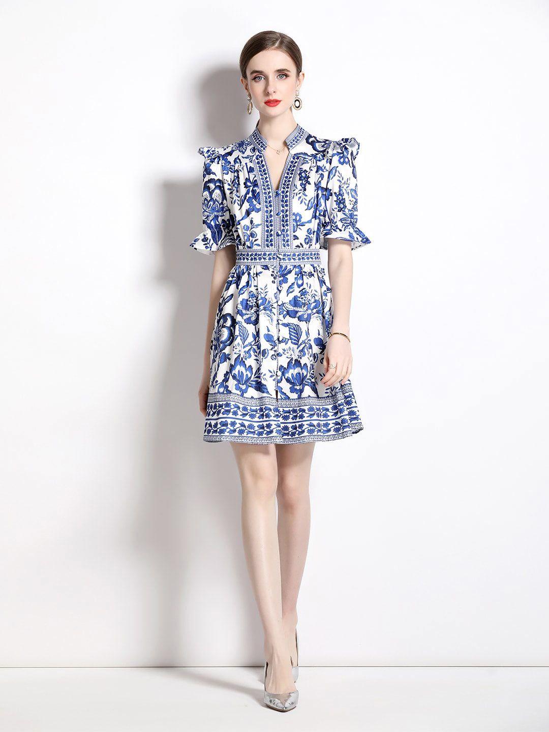 jc collection floral printed puff sleeves & gathered detailed fit & flare dress