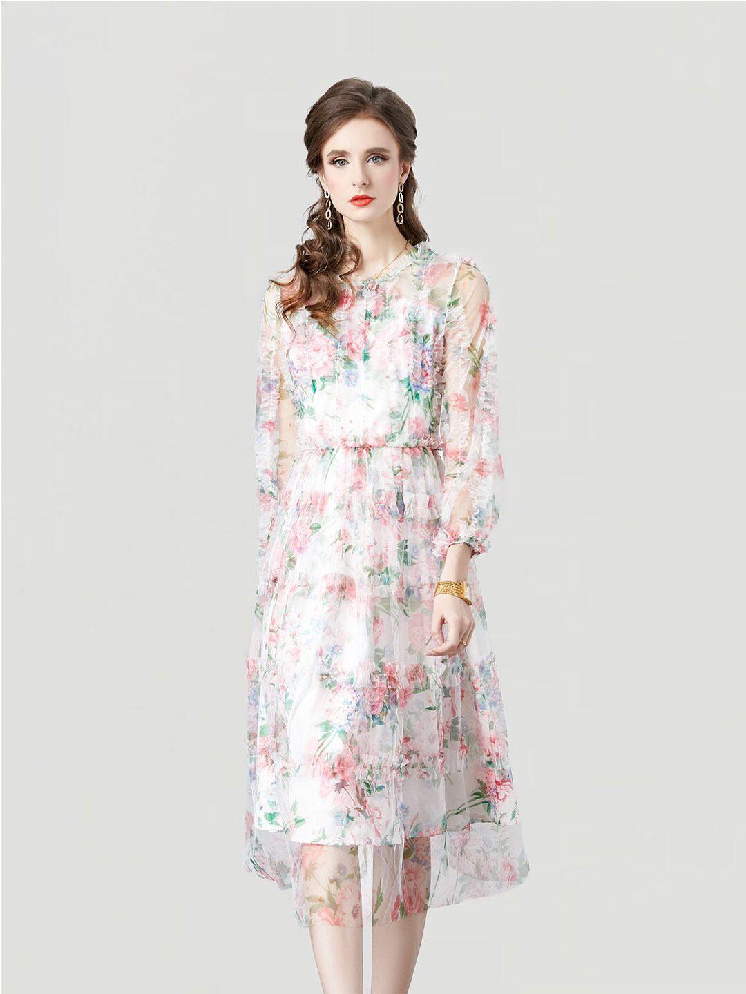 jc collection floral printed puff sleeves ruffles detailed fit & flare midi dress