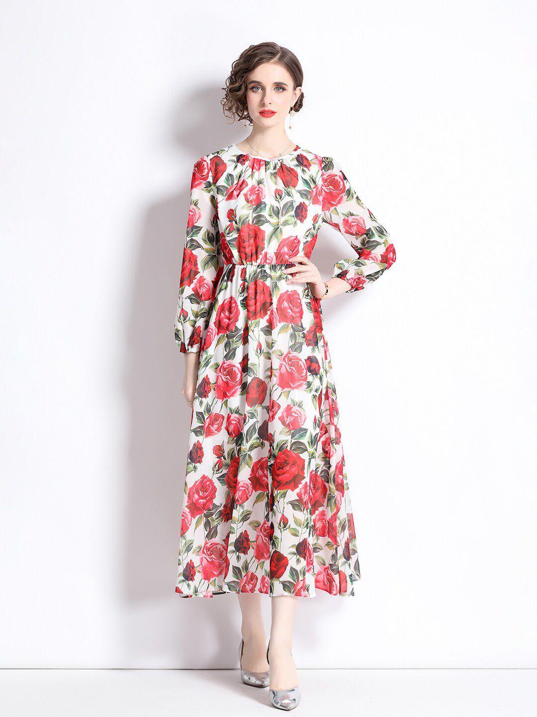 jc collection floral printed round neck gathered fit & flare midi dress