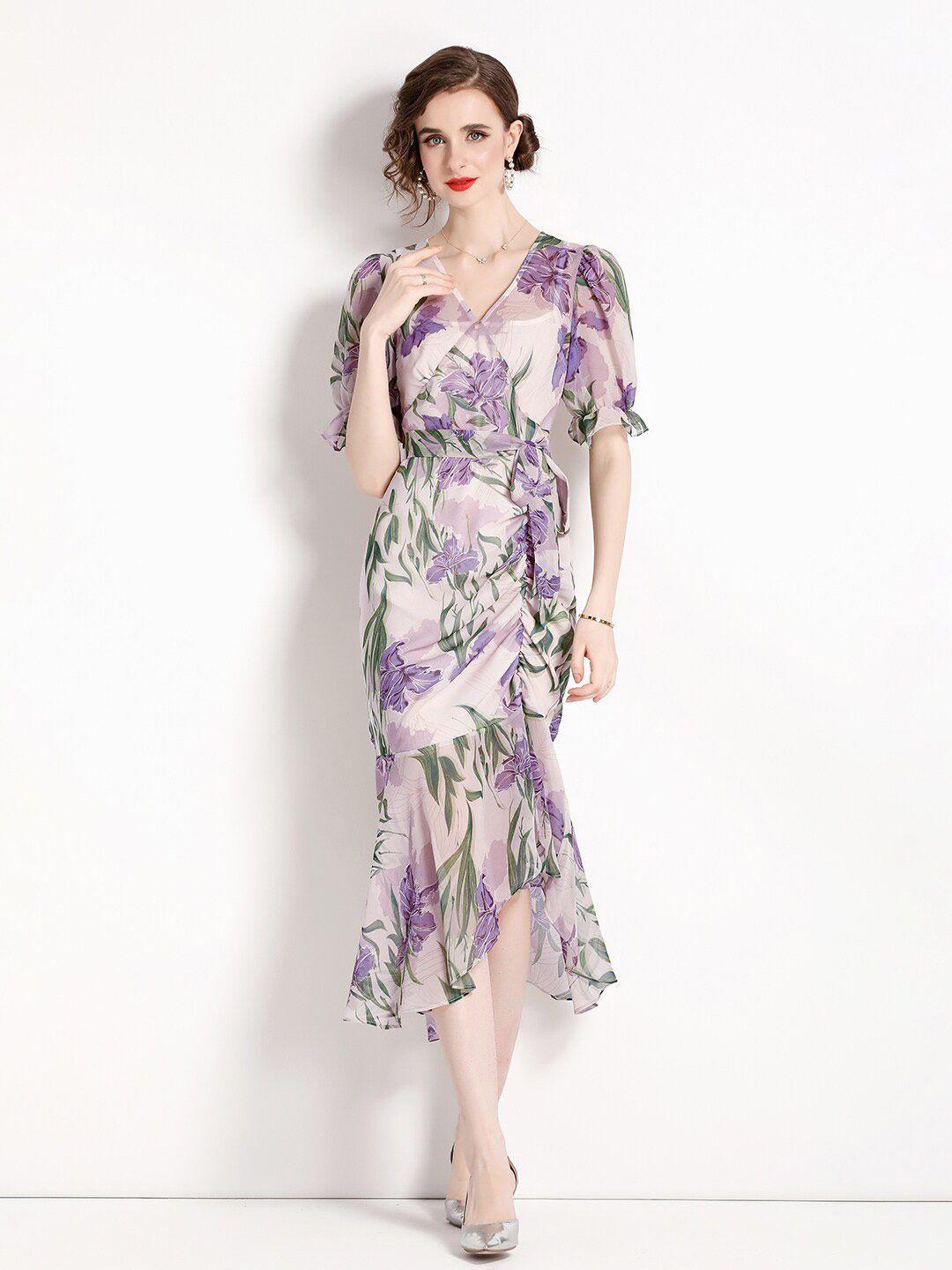 jc collection floral printed ruched puff sleeve midi sheath dress