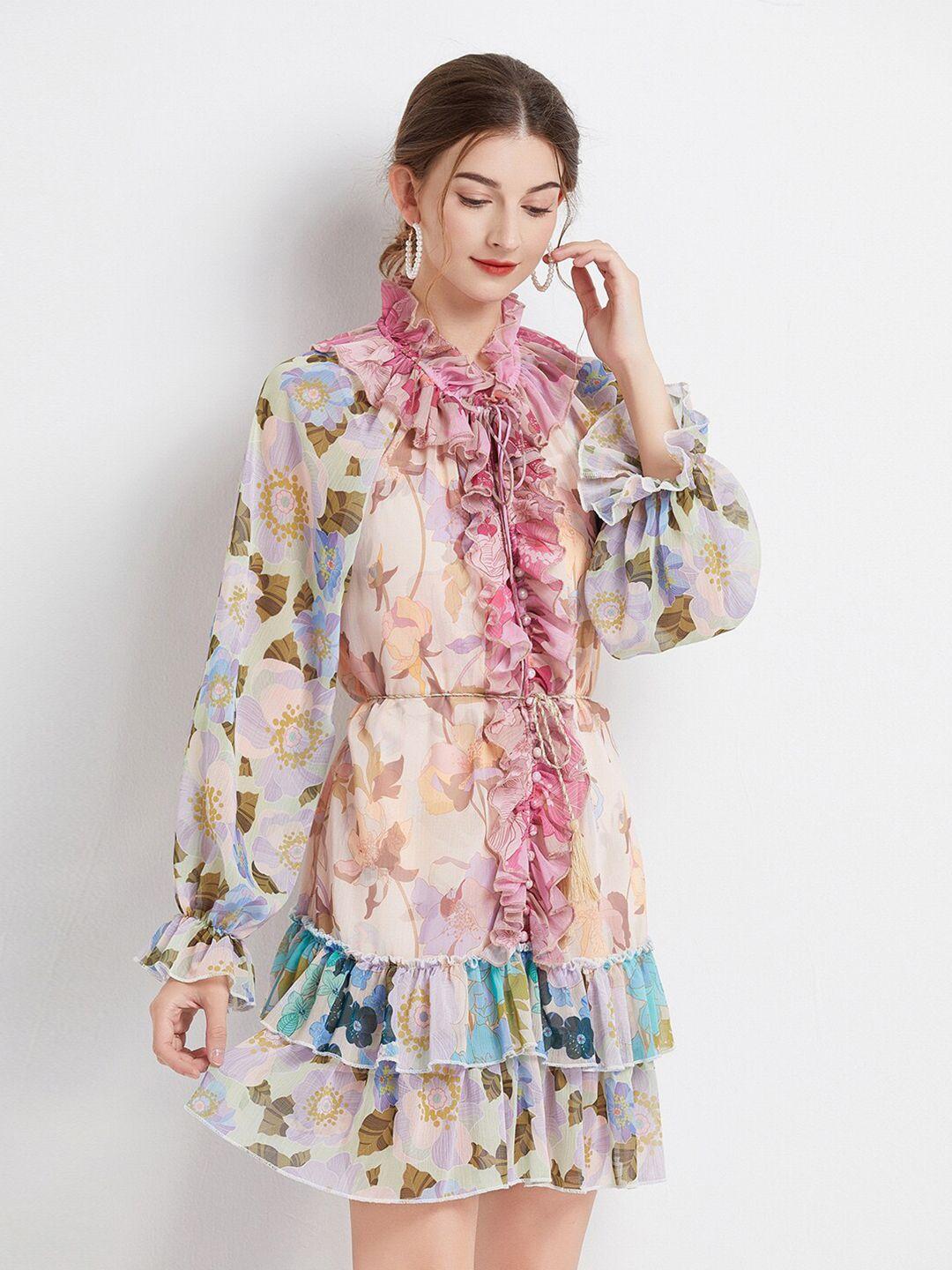 jc collection floral printed ruffled tie-up neck puff sleeve fit & flare dress