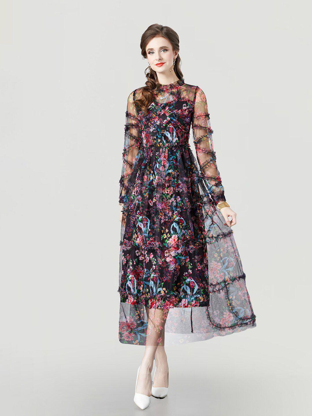 jc collection floral printed ruffles high neck fit & flare midi dress