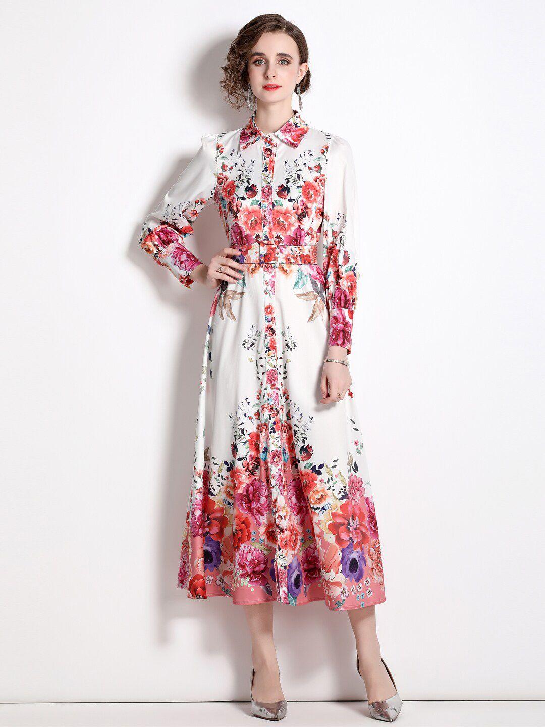 jc collection floral printed shirt collar fit & flare midi dress