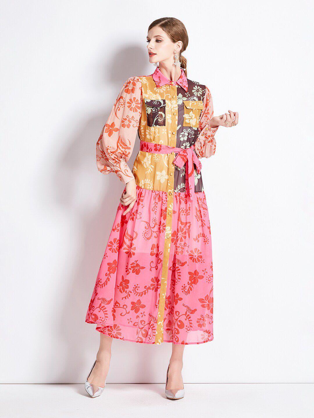 jc collection floral printed shirt style midi dress with belt