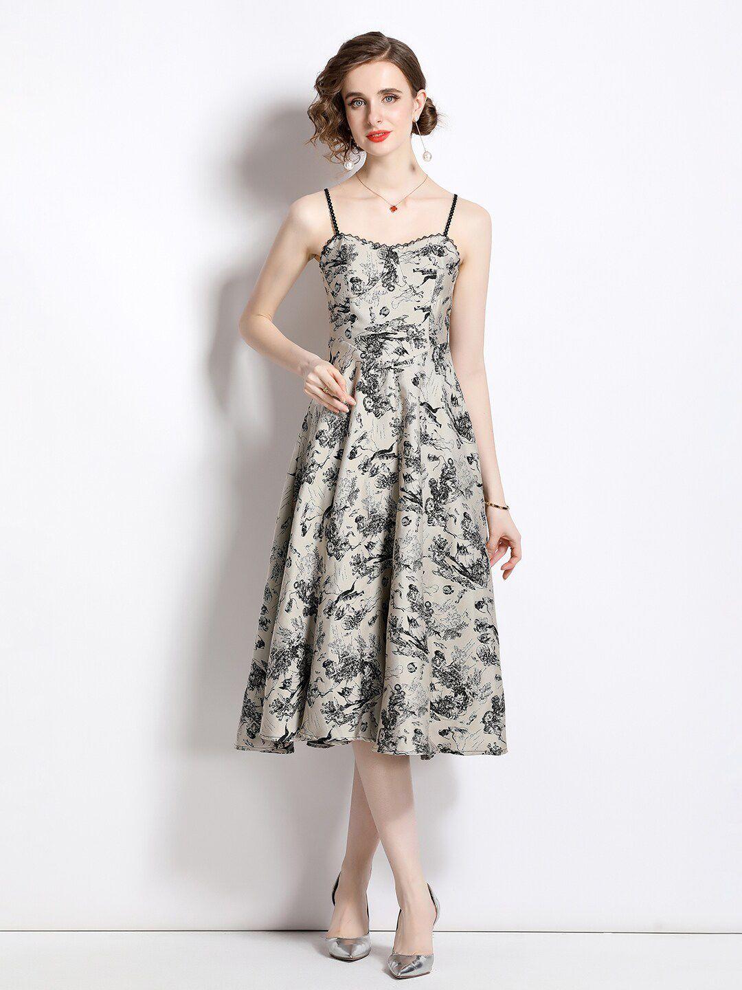 jc collection floral printed shoulder straps midi fit & flare dress