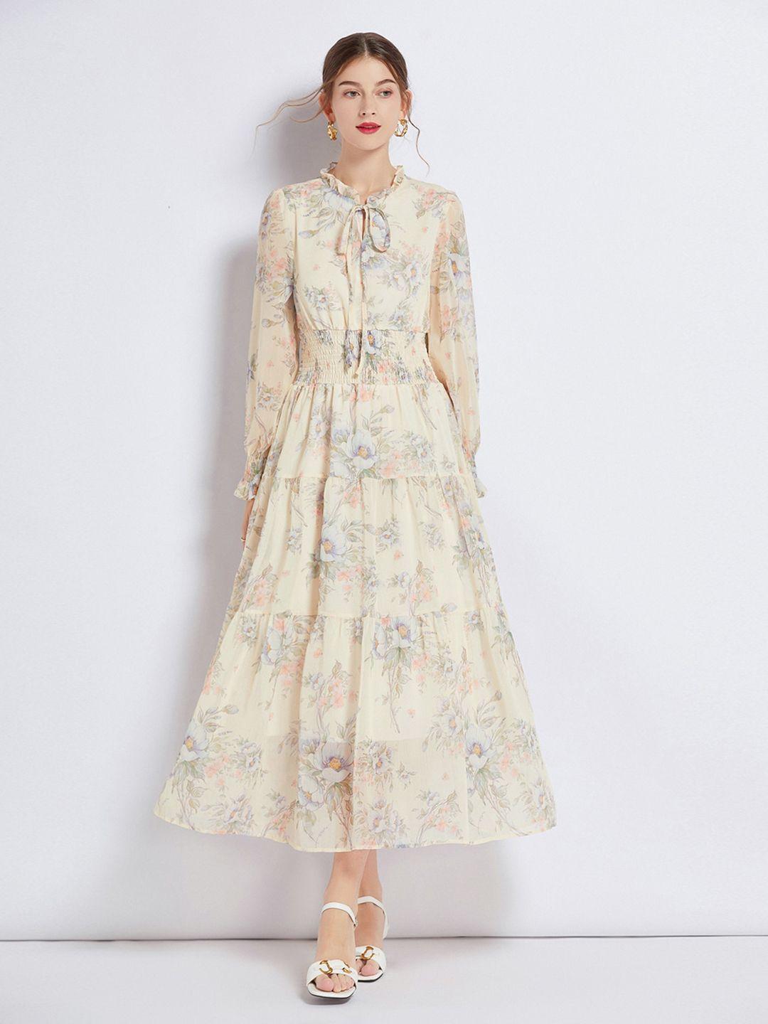 jc collection floral printed smocked tie-up neck maxi dress