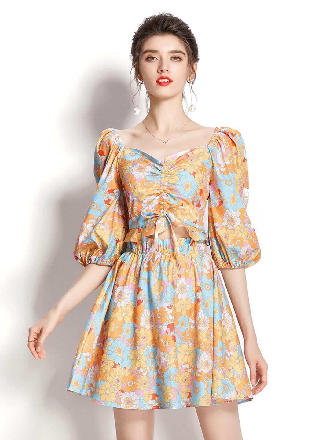 jc collection floral printed sweetheart neck puff sleeves crop top with skirt co-ords