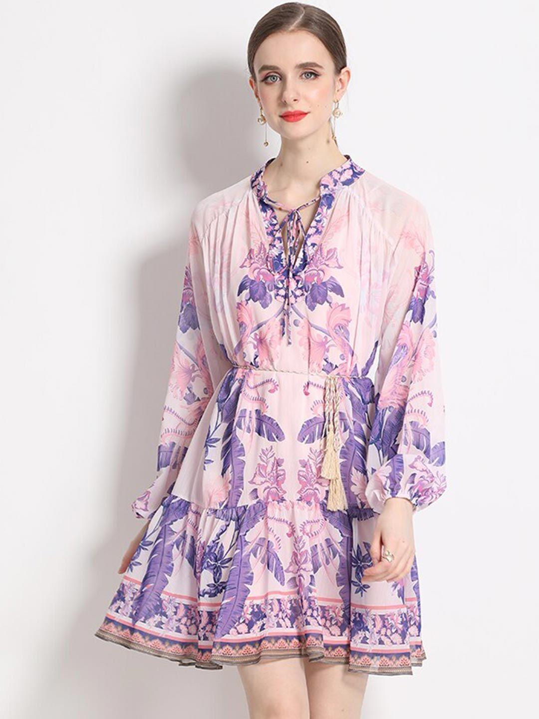 jc collection floral printed tie-up neck a-line dress