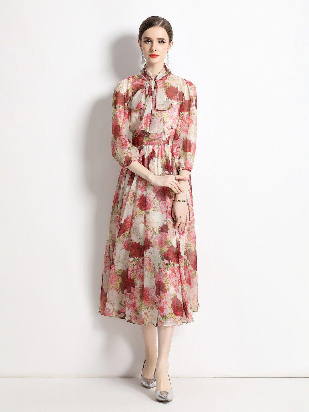 jc collection floral printed tie-up neck a-line midi dress