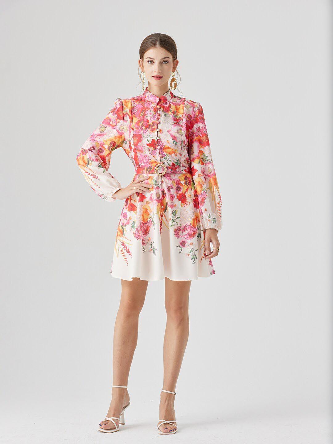 jc collection floral printed tie-up neck fit & flare dress