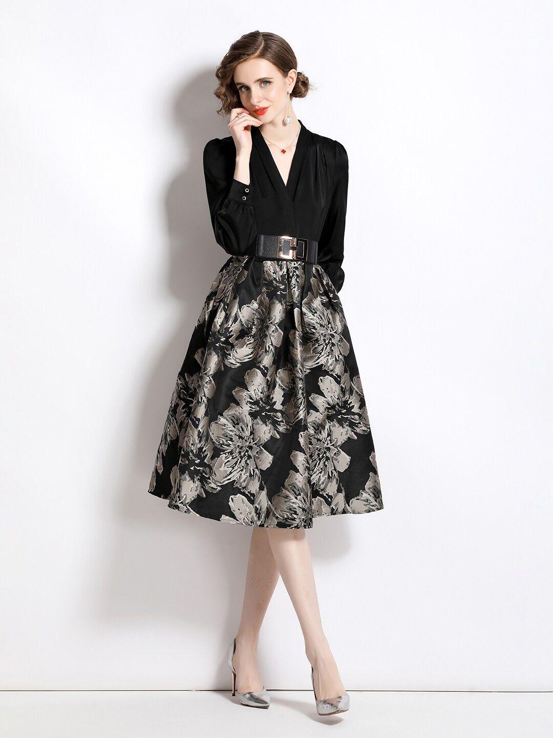 jc collection floral printed v-neck cuffed sleeves fit & flare dress