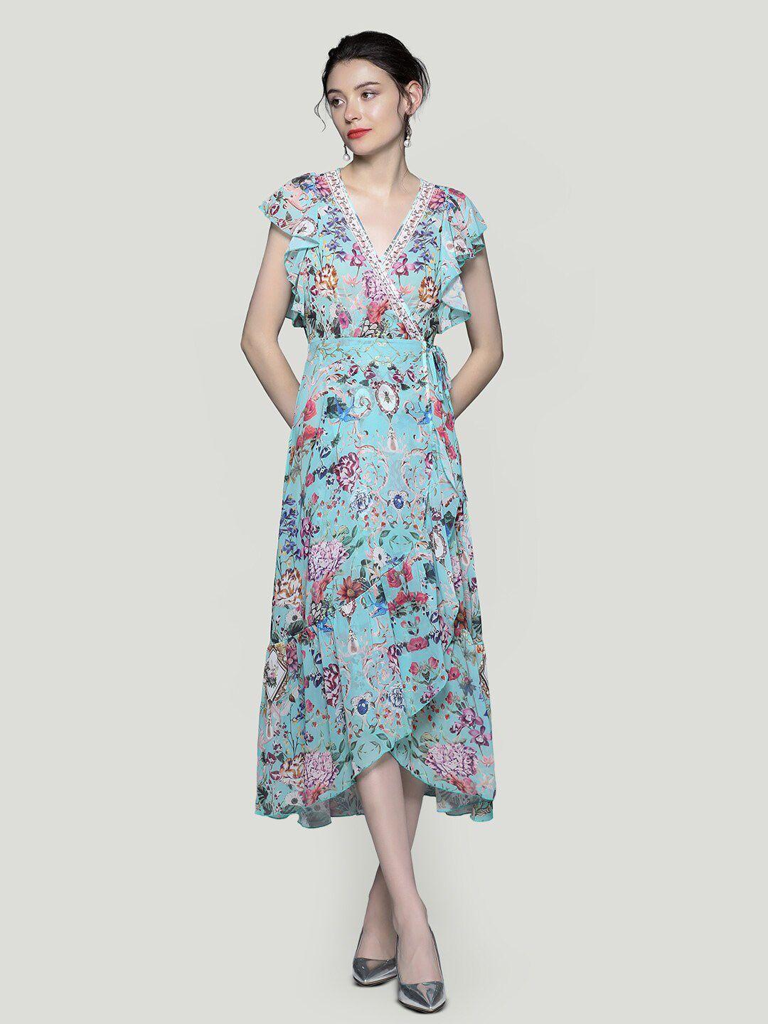 jc collection floral printed v-neck flutter sleeve ruffled wrap midi dress