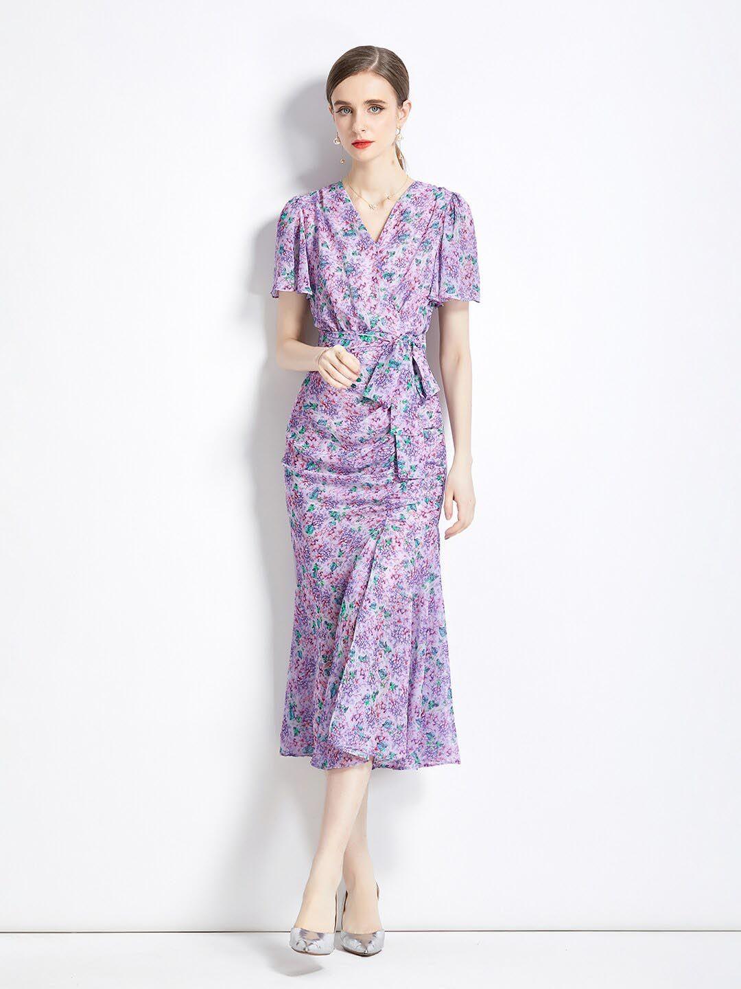 jc collection floral printed v-neck midi wrap dress with belt