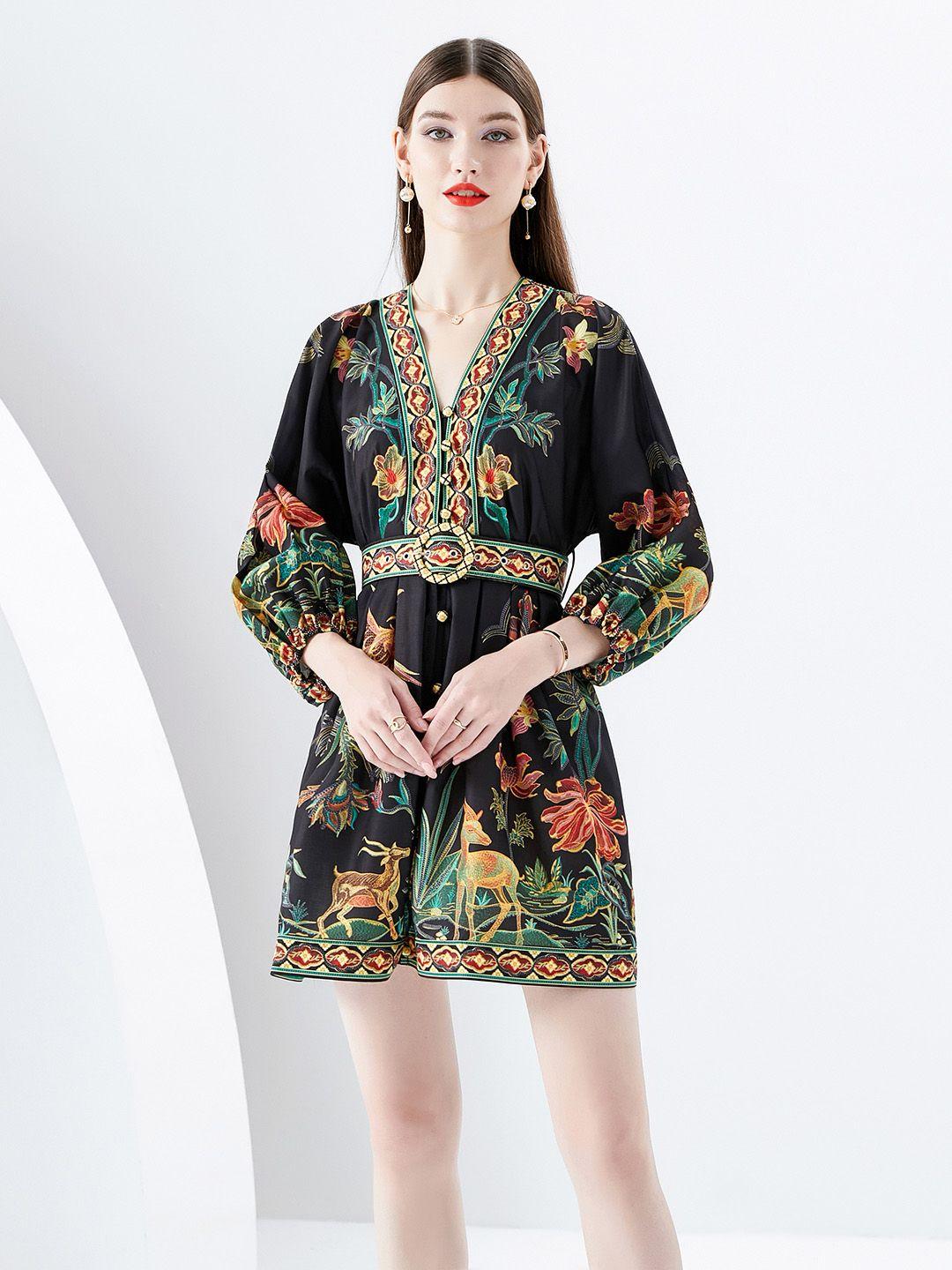 jc collection floral printed v-neck puff sleeve fit & flare dress