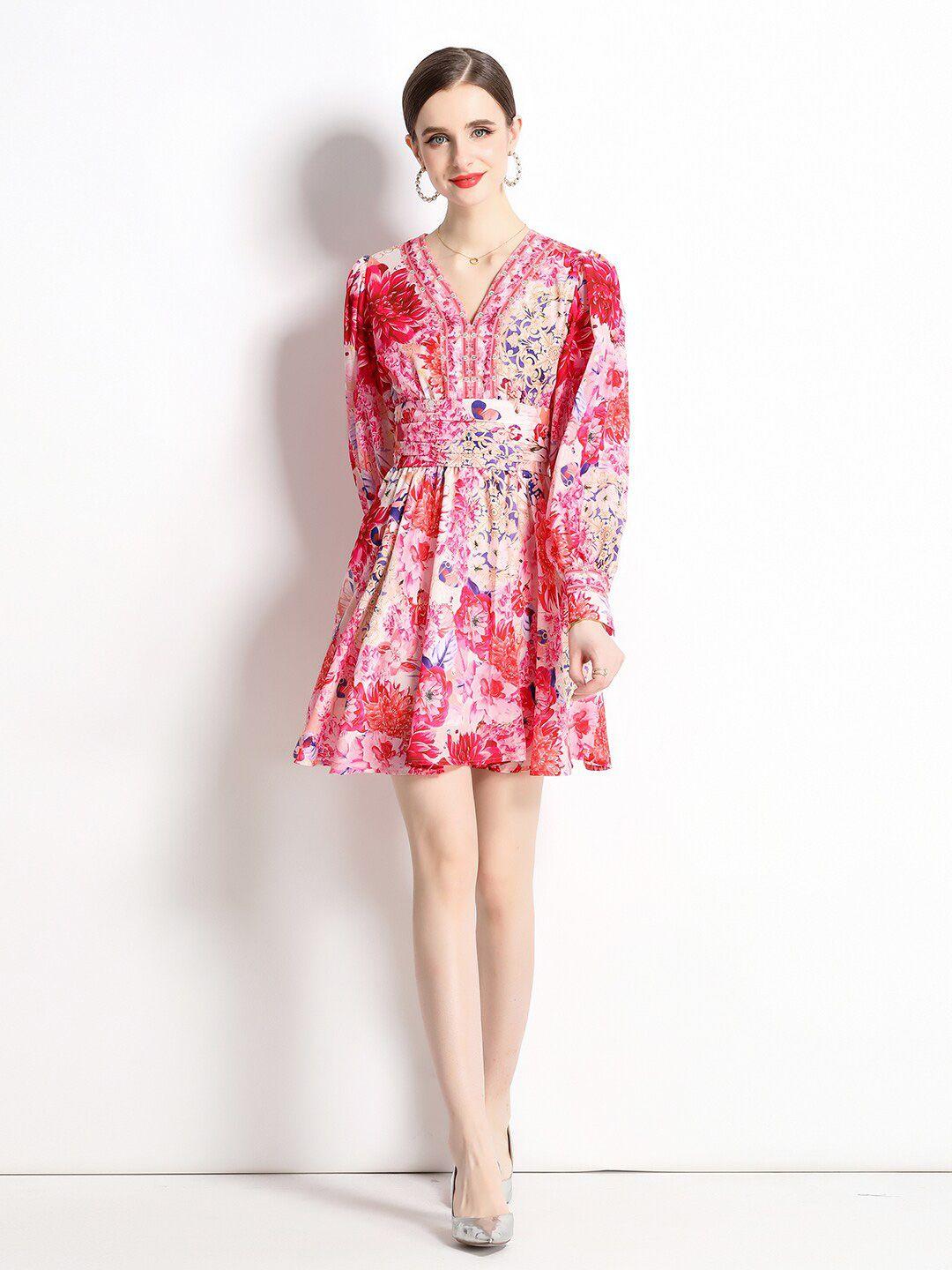 jc collection floral printed v-neck puff sleeves fit & flare dress