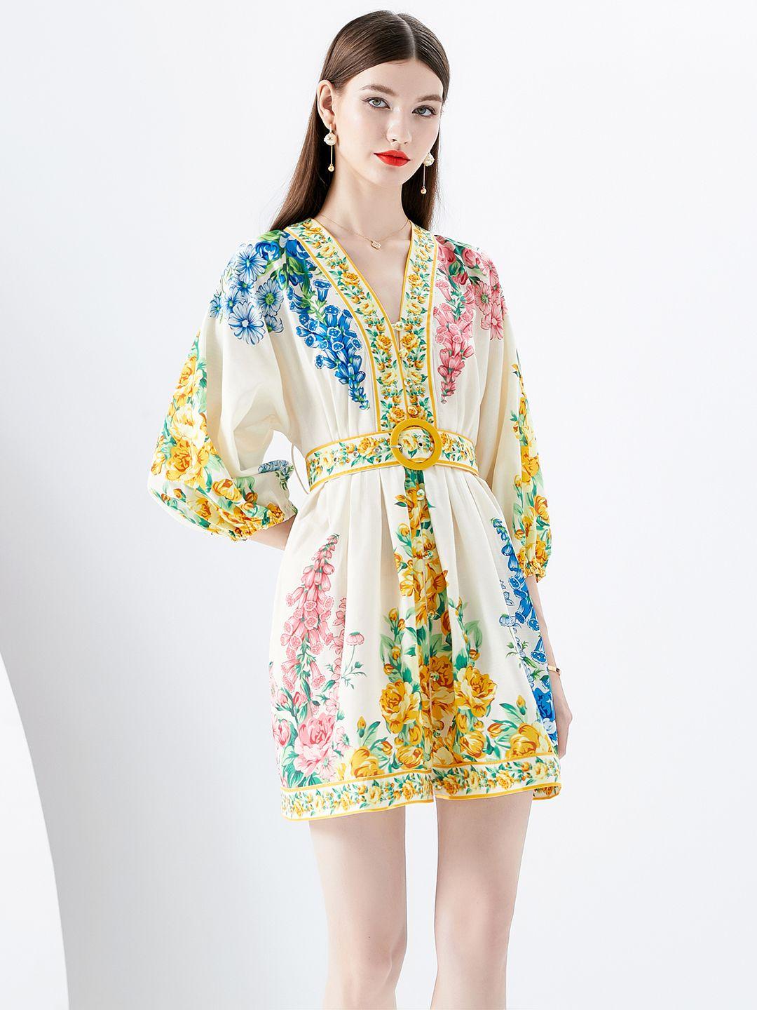 jc collection floral printed v-neck puff sleeves fit & flare mini dress with belt