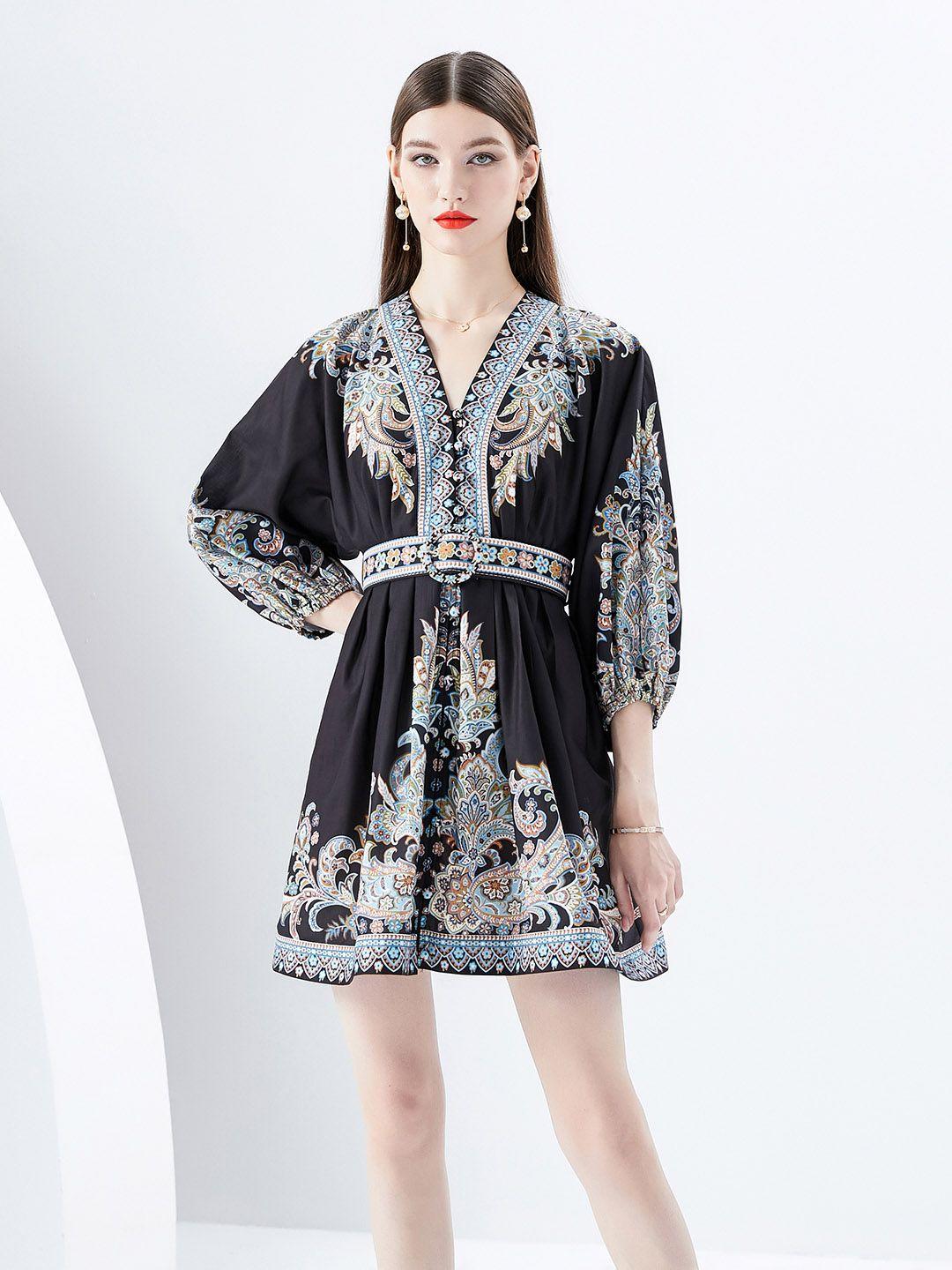 jc collection floral printed v-neck puff sleeves fit & flare mini dress