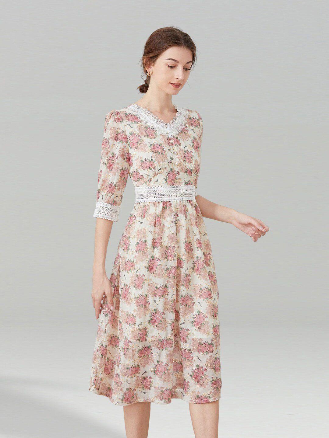 jc collection floral printed v-neck puff sleeves midi dress