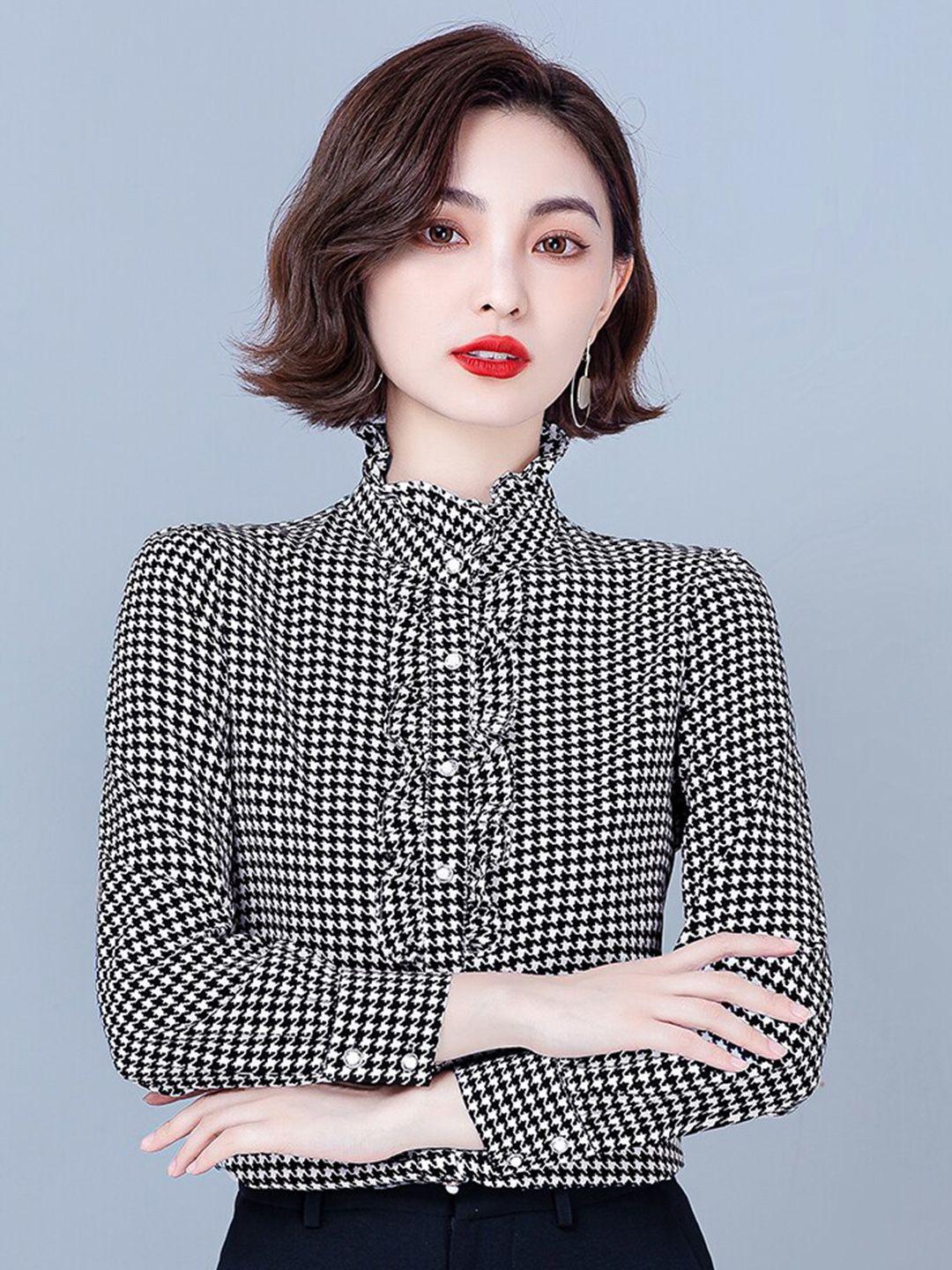 jc collection geometric printed band collar long sleeves ruffles shirt