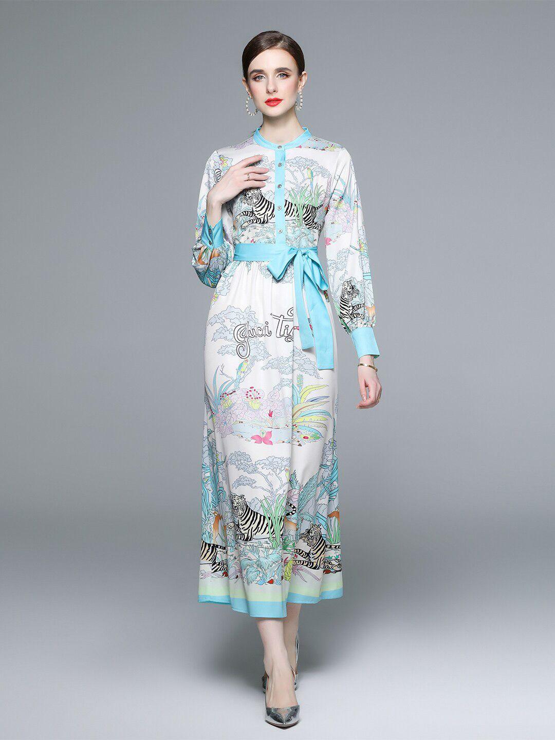 jc collection graphic printed cuffed sleeve & tie up detailed fit & flare dress