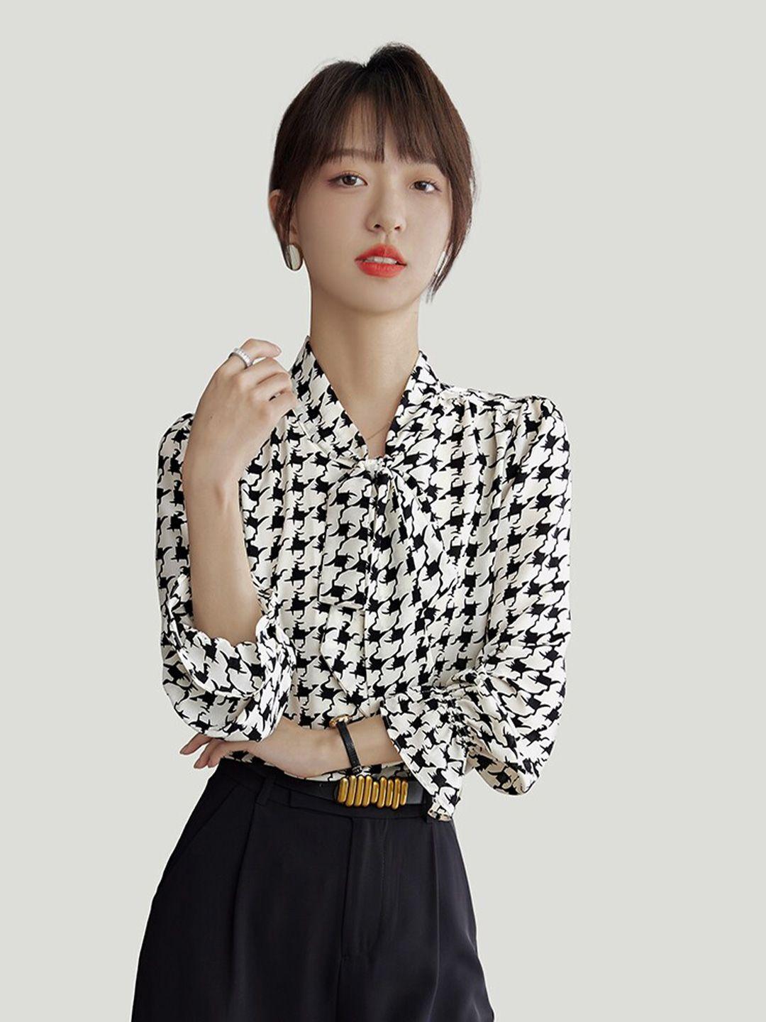 jc collection graphic printed tie-up collar puff sleeves casual shirt