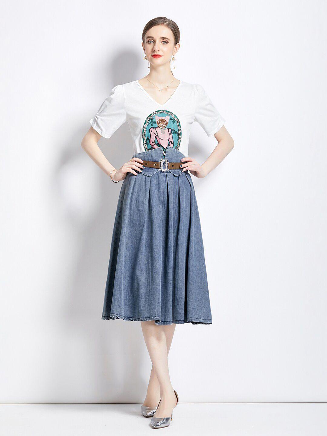 jc collection graphic printed top & a-line skirt