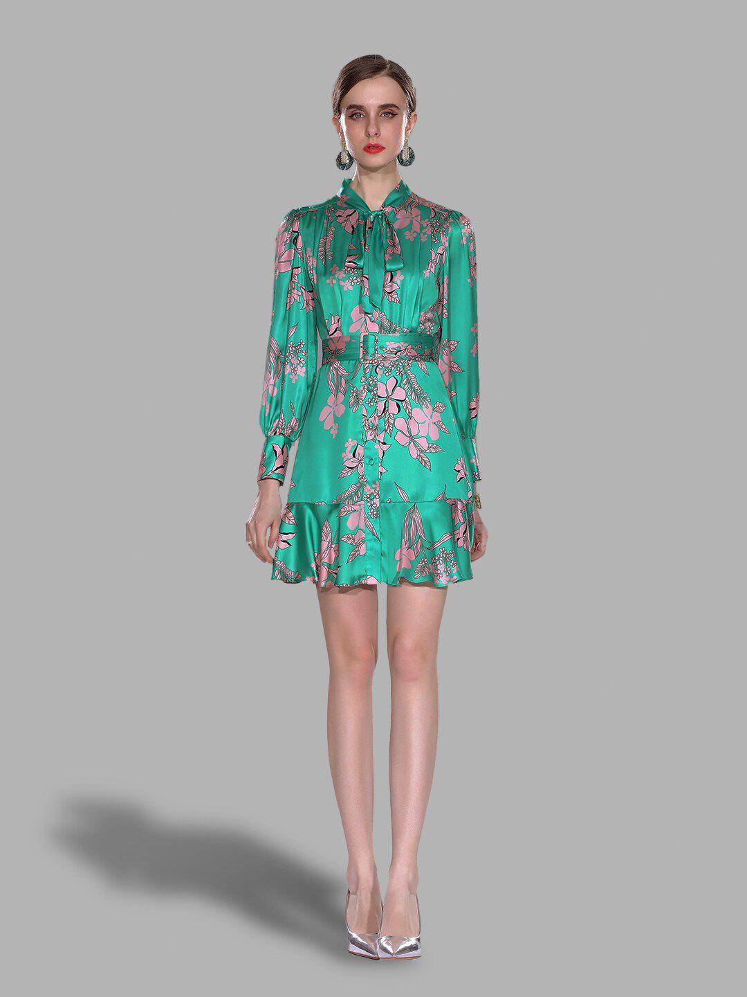 jc collection green floral tie-up neck shirt dress