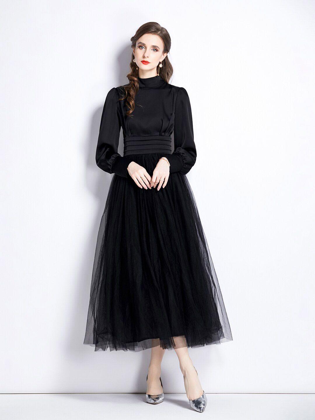 jc collection high neck puff sleeve pleated fit & flare midi dress