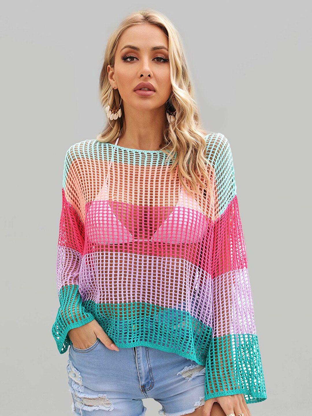 jc collection knitted sheer colourblocked bell sleeves top