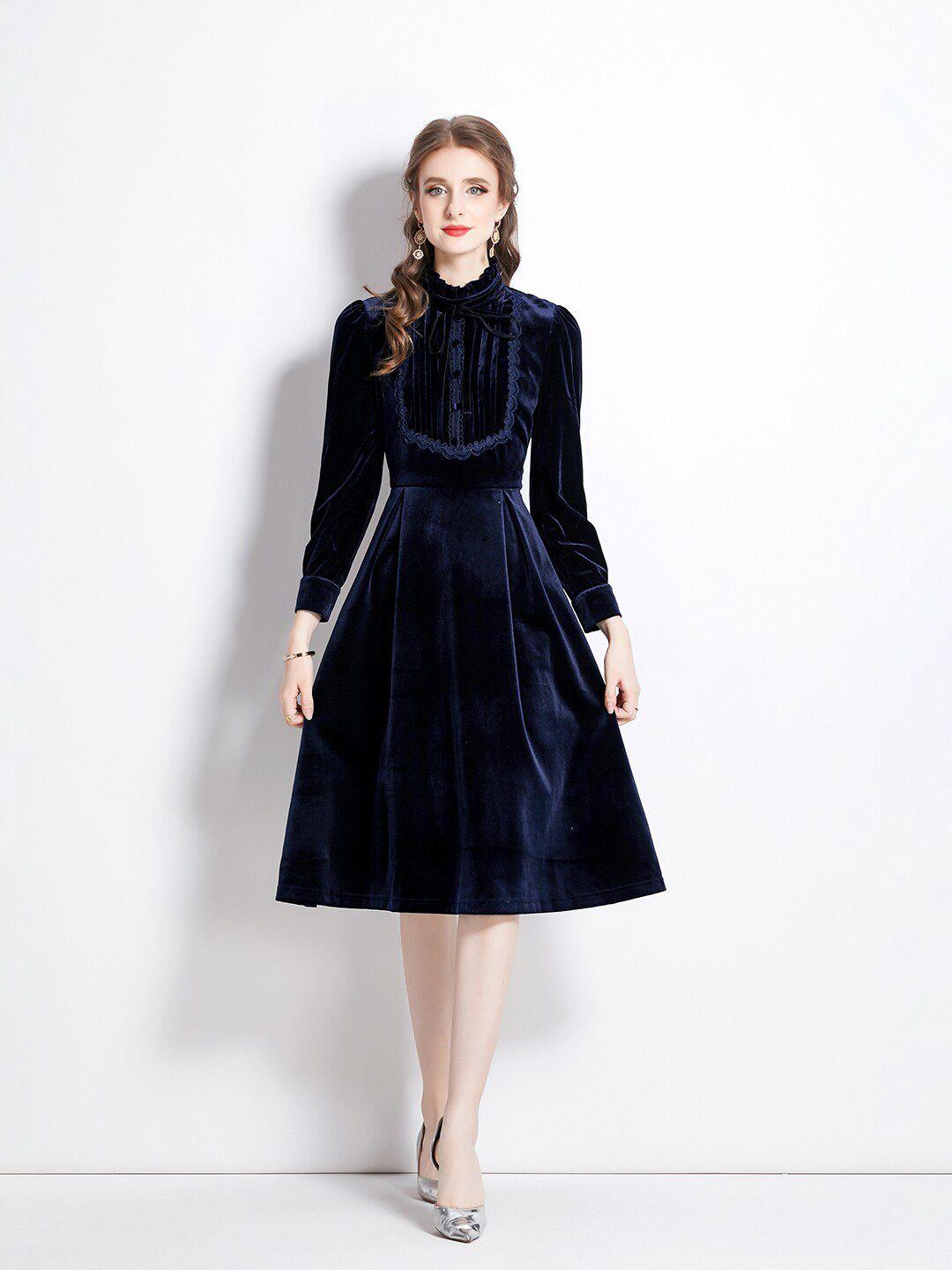 jc collection lace detail high neck long sleeves velvet a-line dress