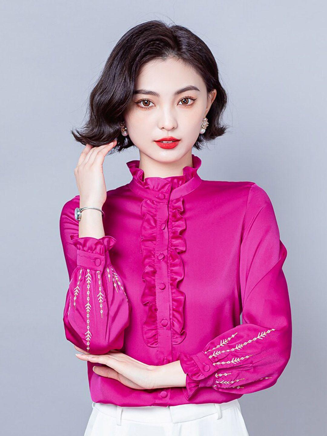 jc collection mandarin collar bishop sleeve ruffles shirt style top