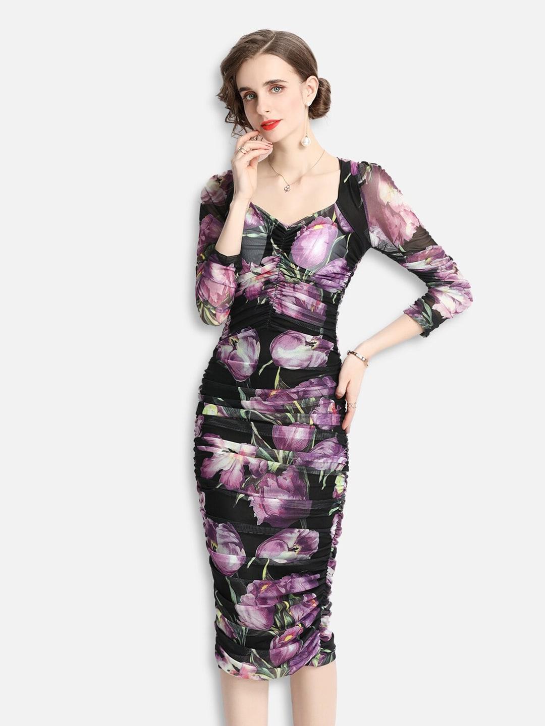 jc collection multicoloured & raisin black floral bodycon midi dress