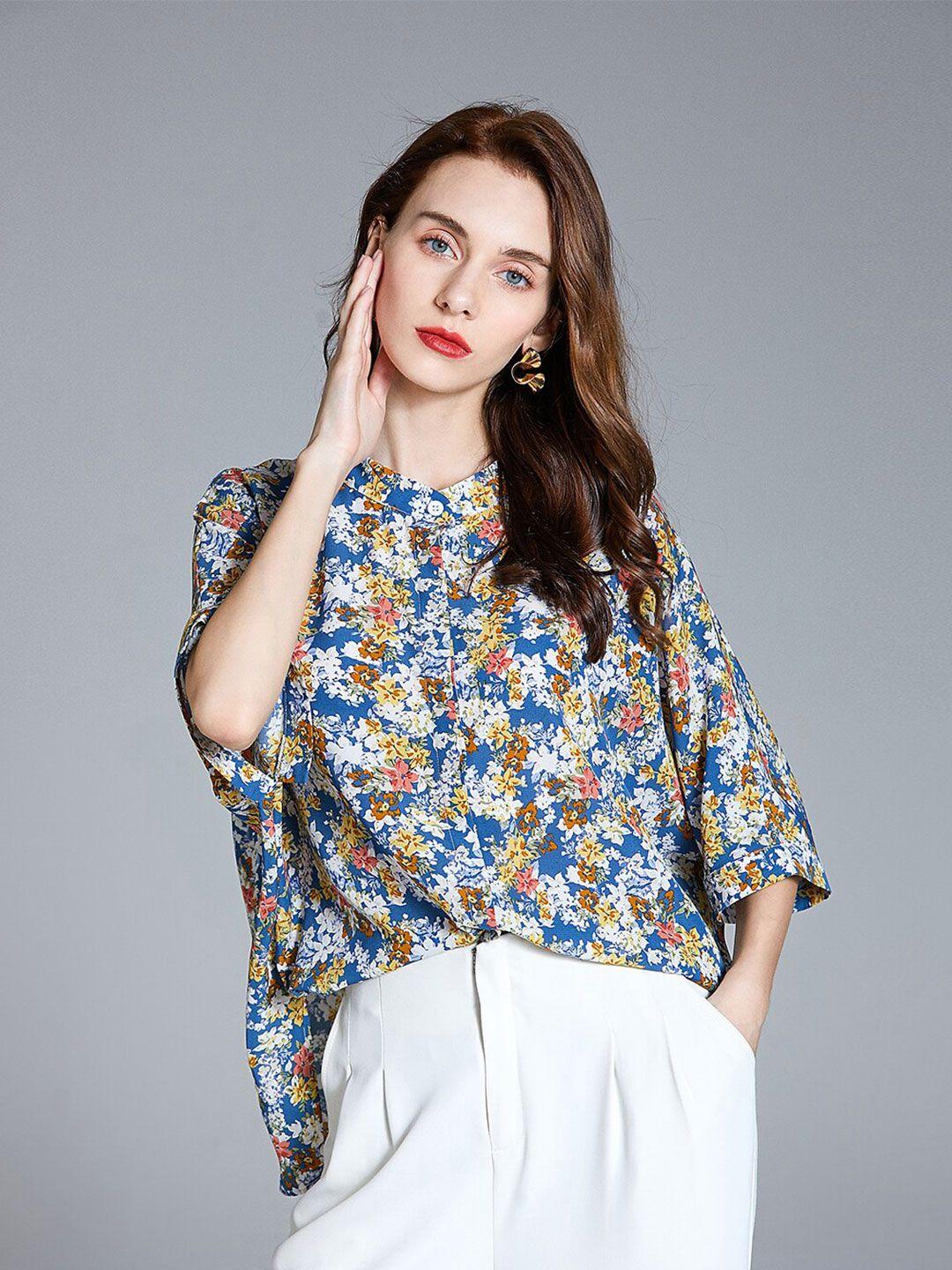 jc collection multicoloured floral print mandarin collar extended sleeves boxy top