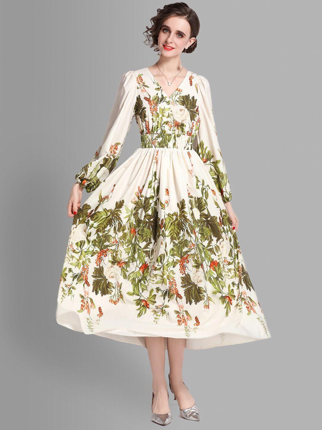 jc collection off white & green floral printed midi dress
