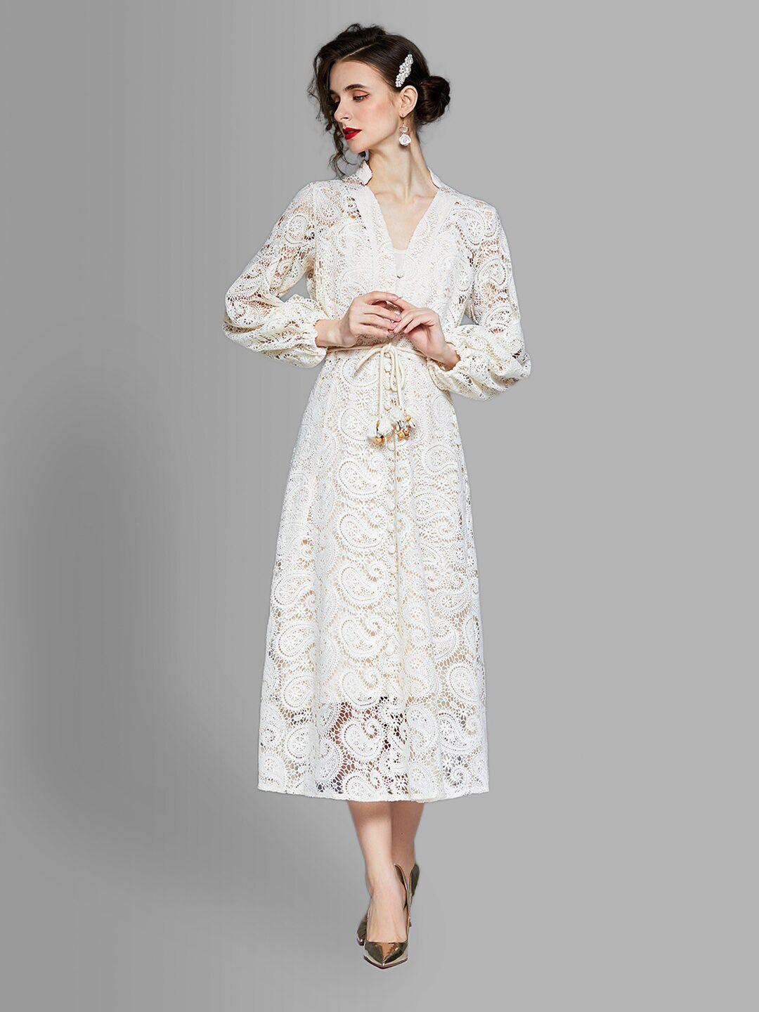 jc collection off white puff sleeves ethnic lace a-line midi dress