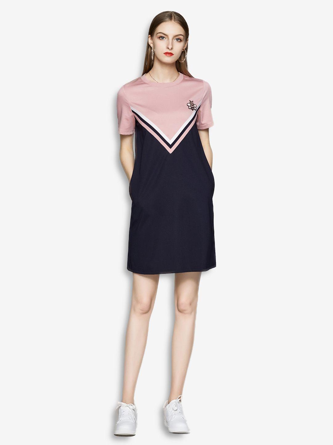 jc collection peach-coloured & navy blue colourblocked t-shirt dress