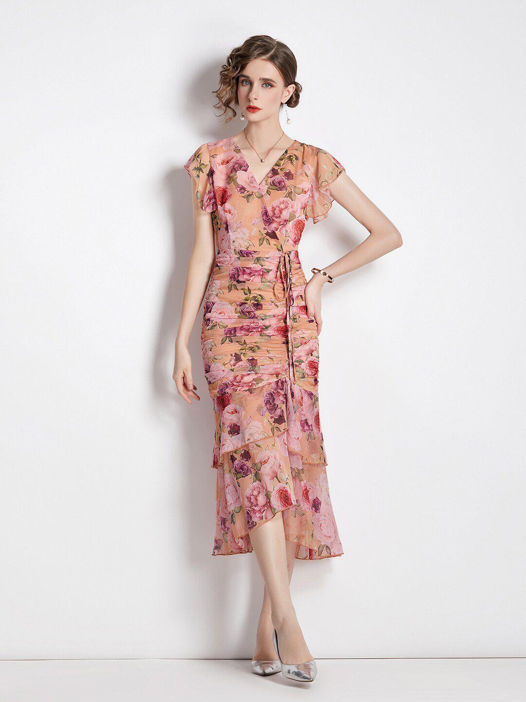 jc collection peach-coloured & pink floral midi polyester dress