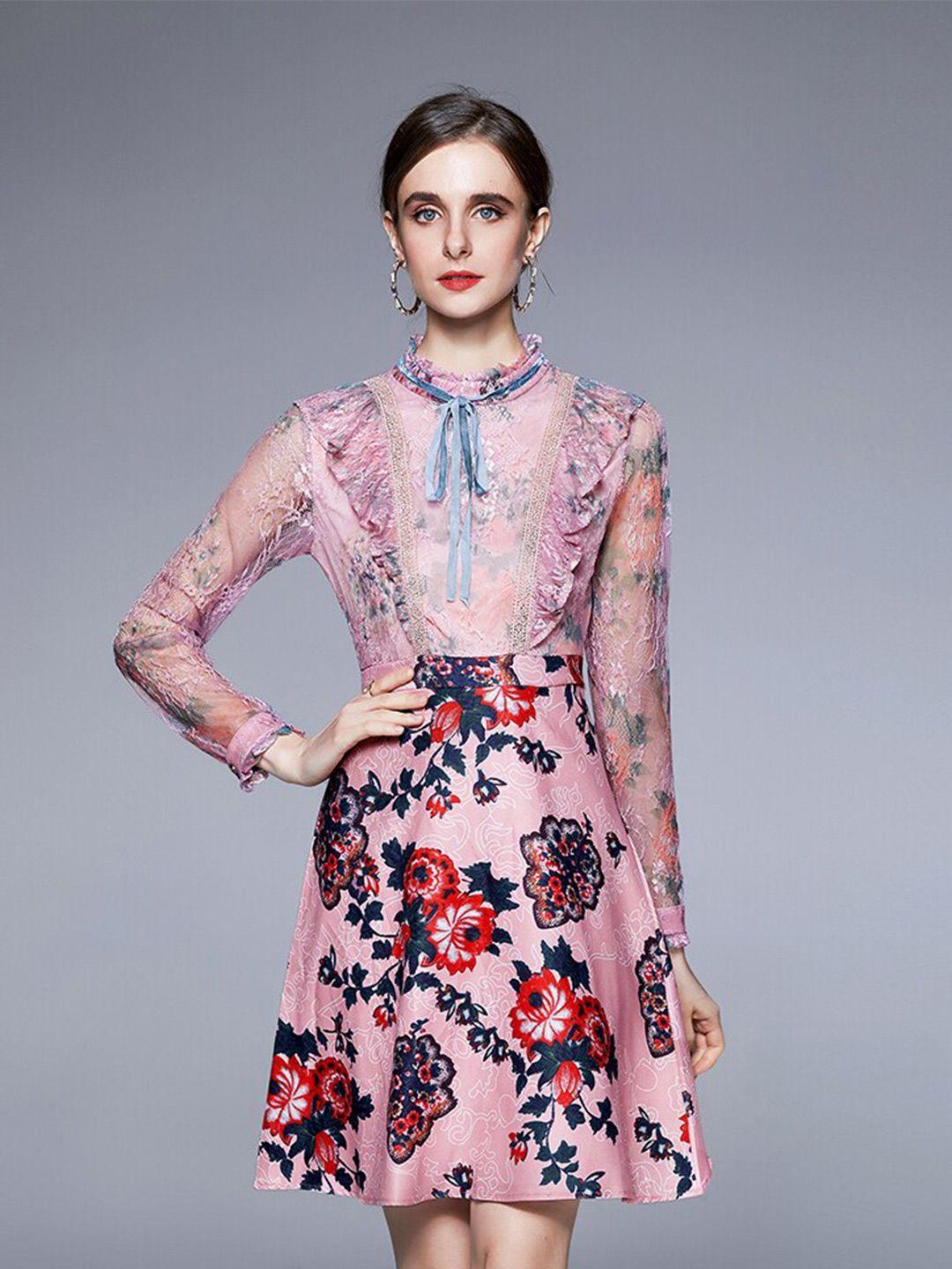 jc collection pink & blue floral tie-up neck dress