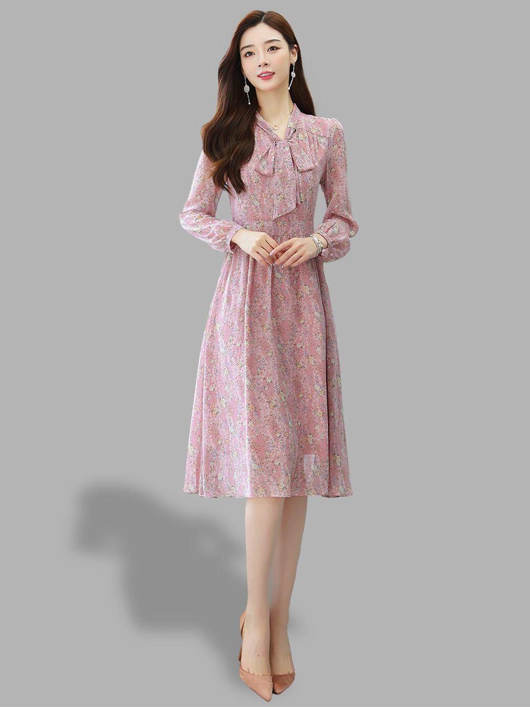 jc collection pink & white floral tie-up neck fit & flare dress