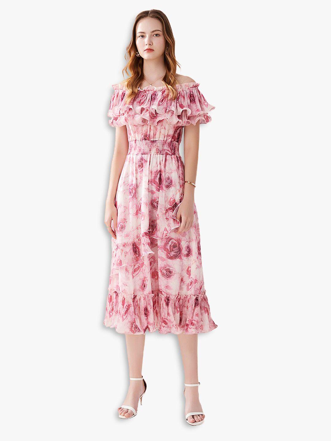 jc collection pink floral off-shoulder a-line dress