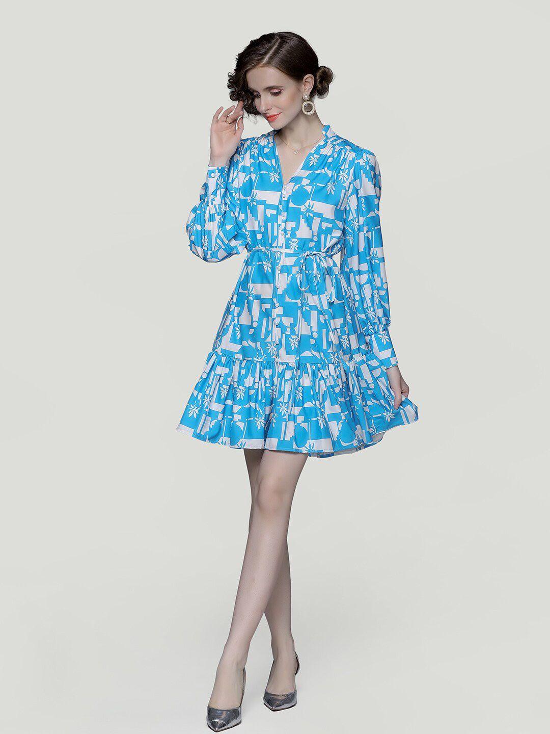 jc collection printed mandarin collar cuffed sleeves belted flounce fit & flare dress