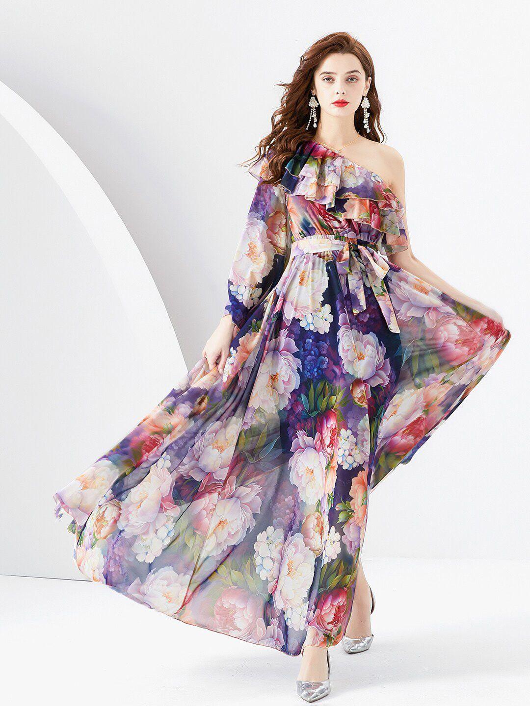 jc collection printed one shoulder puff sleeves ruffled belted maxi fit & flare dress