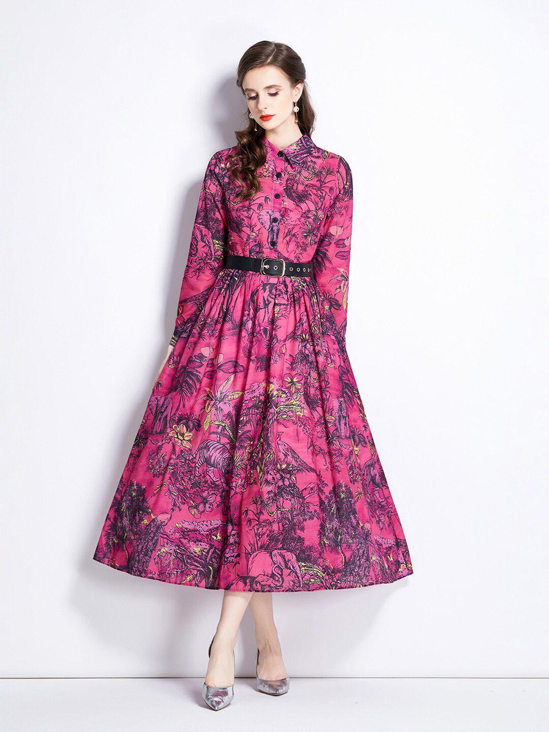 jc collection printed shirt collar fit & flare dress