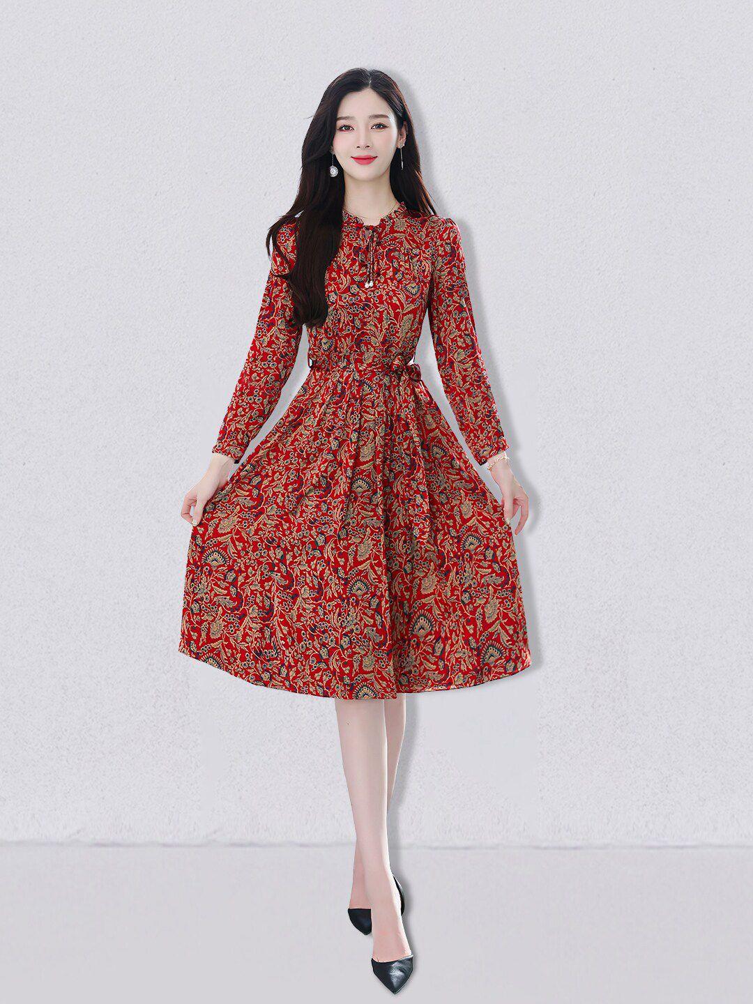 jc collection red ethnic motifs tie-up neck midi polyester dress