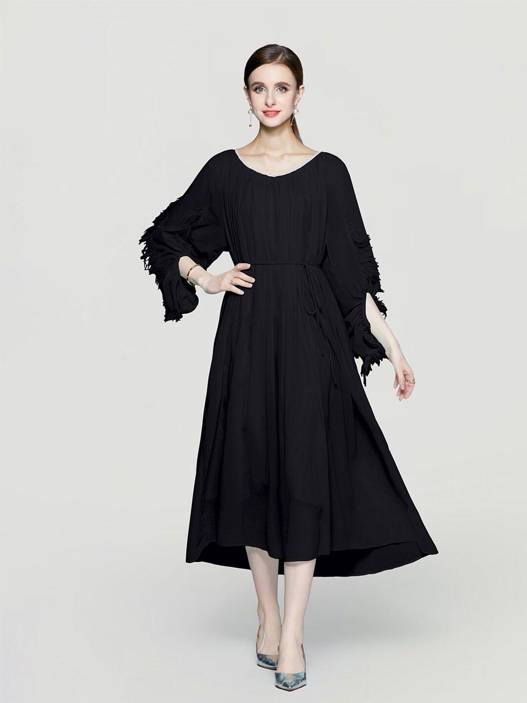 jc collection round neck flared sleeve pleated fit & flare midi dress