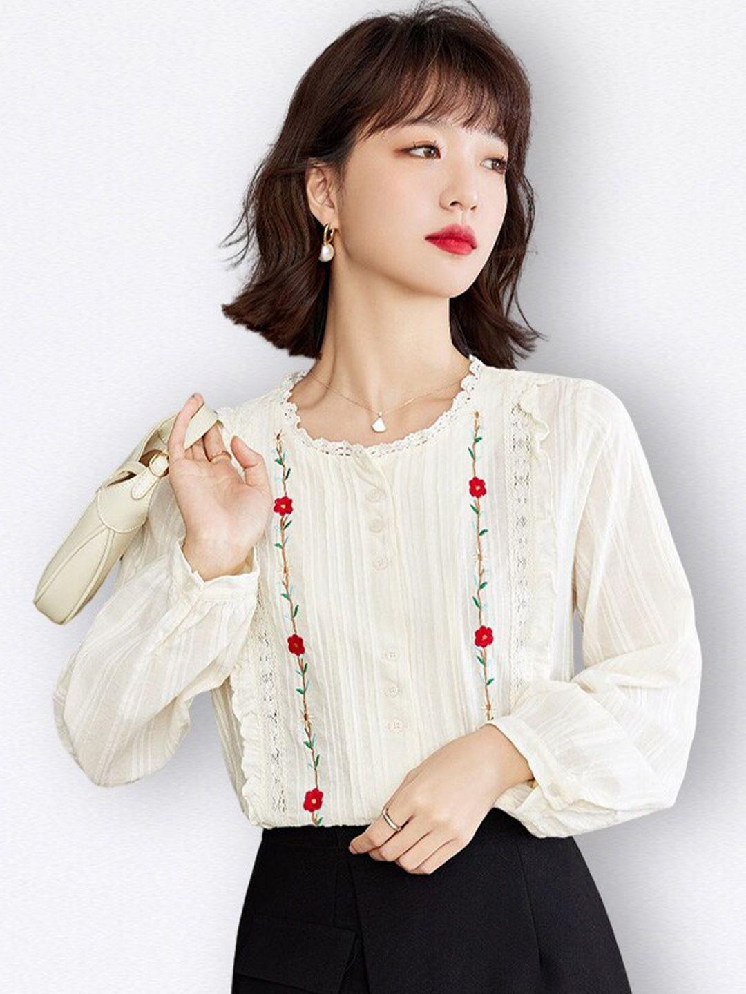 jc collection round neck floral embroidered ruffles top