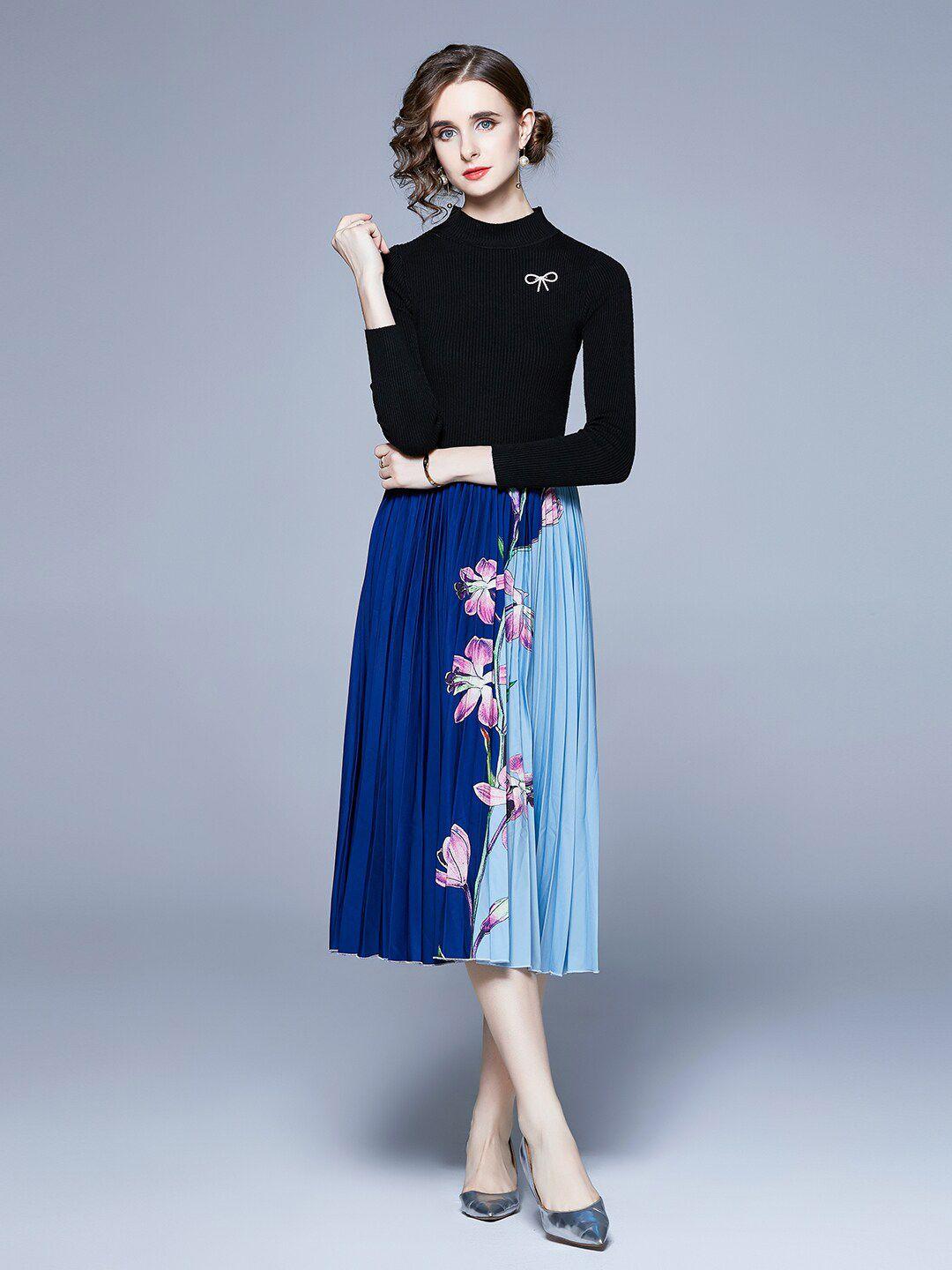 jc collection round neck printed top with skirt