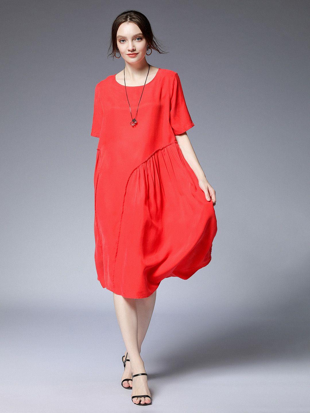 jc collection round neck short sleeves gathered a-line midi dress