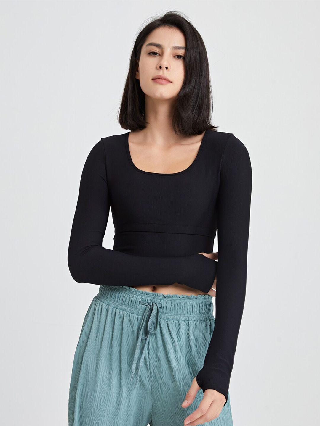 jc collection scoop neck long thumb hole sleeves fitted crop top